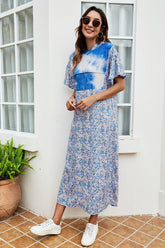 Robe à capuche à manches flottantes et motif floral tie-dye